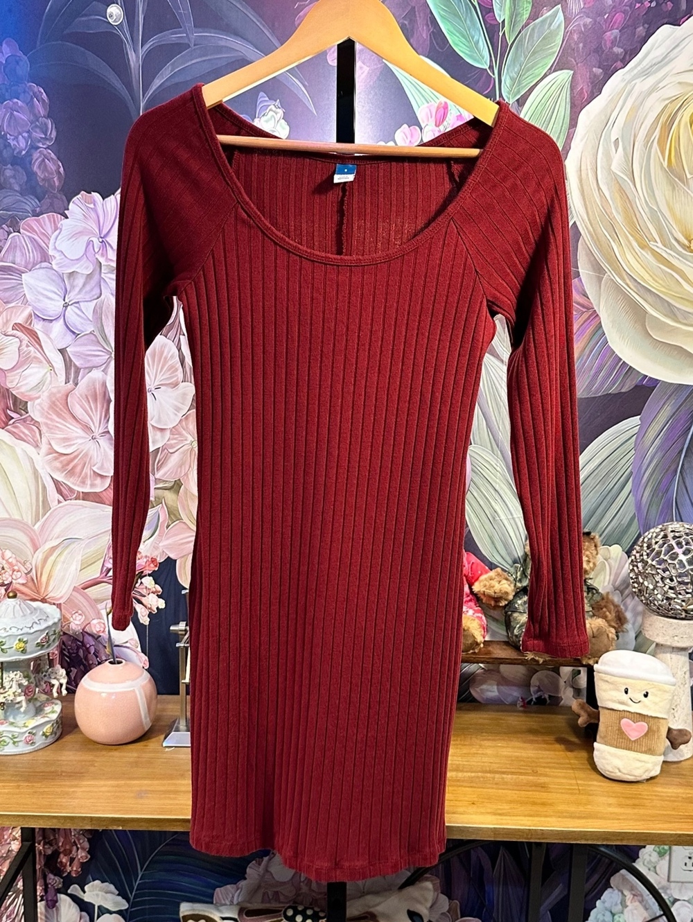 Old Navy S Stretched Ribbed Knit Bodycon Dress Long Sleeve Scoop Neck Burgundy